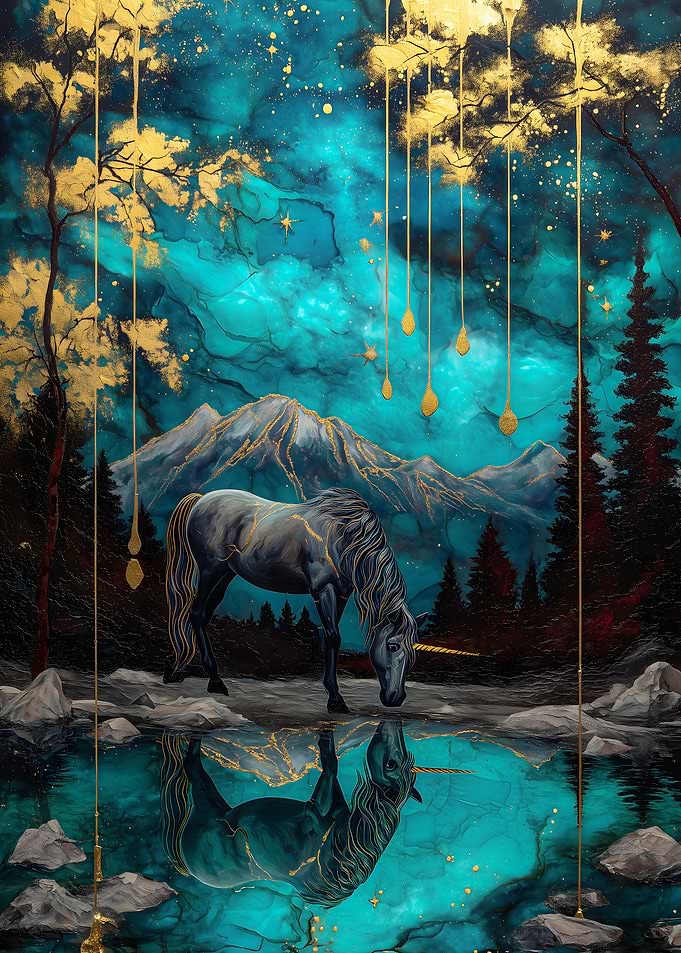 Unicorn in Teal and Gold Landscape