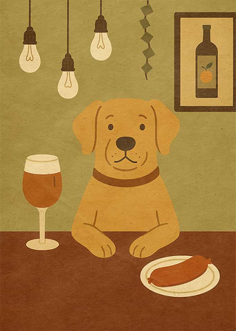Dog at Bar with Wine and Sausage