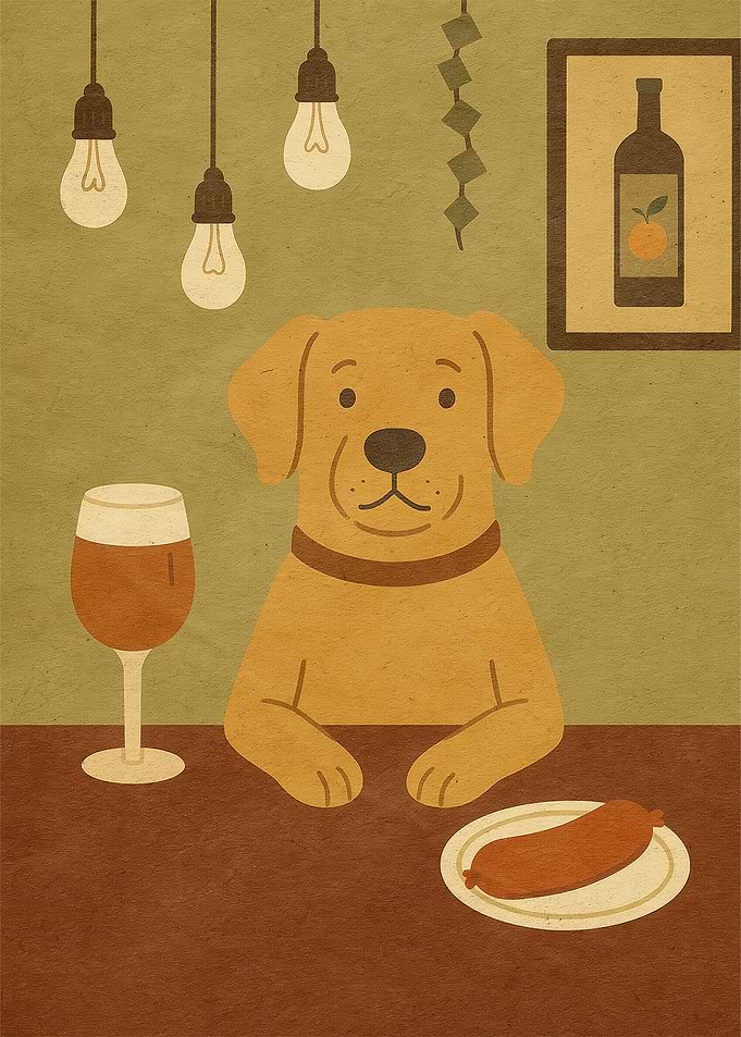 Dog at Bar with Wine and Sausage
