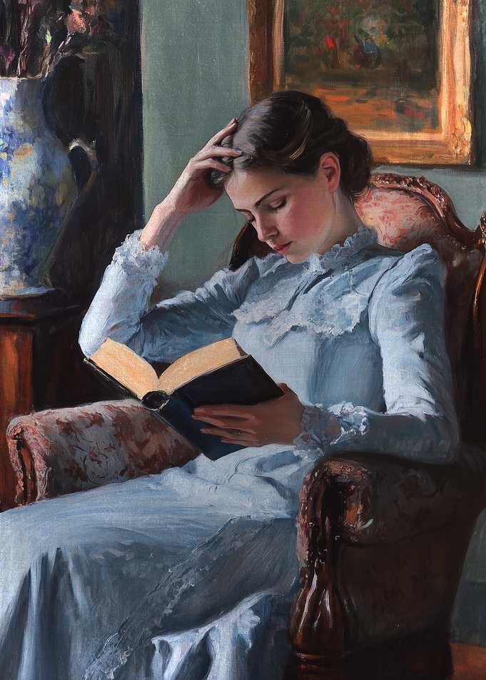 Woman Reading Book in Armchair Painting