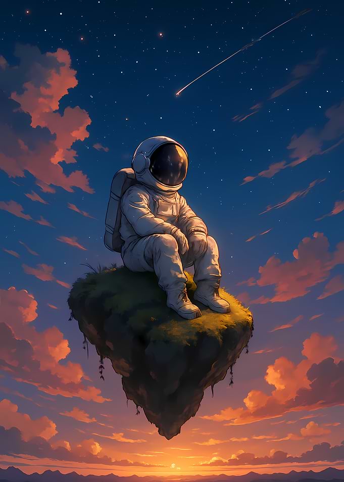 Astronaut on Floating Island at Sunset