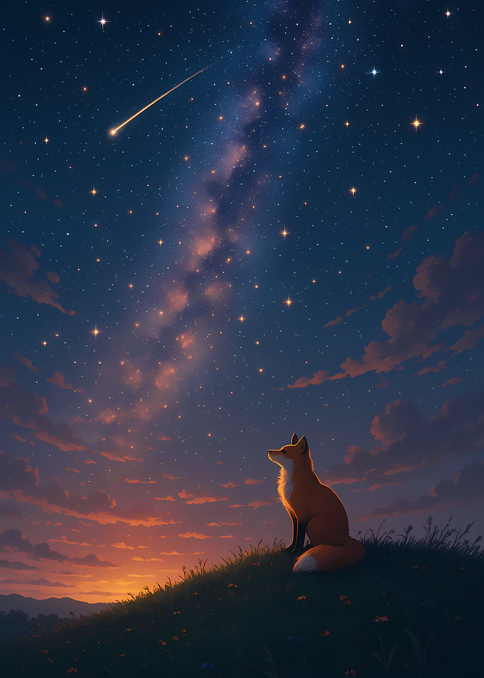 Fox Watching the Stars Under a Glowing Night Sky
