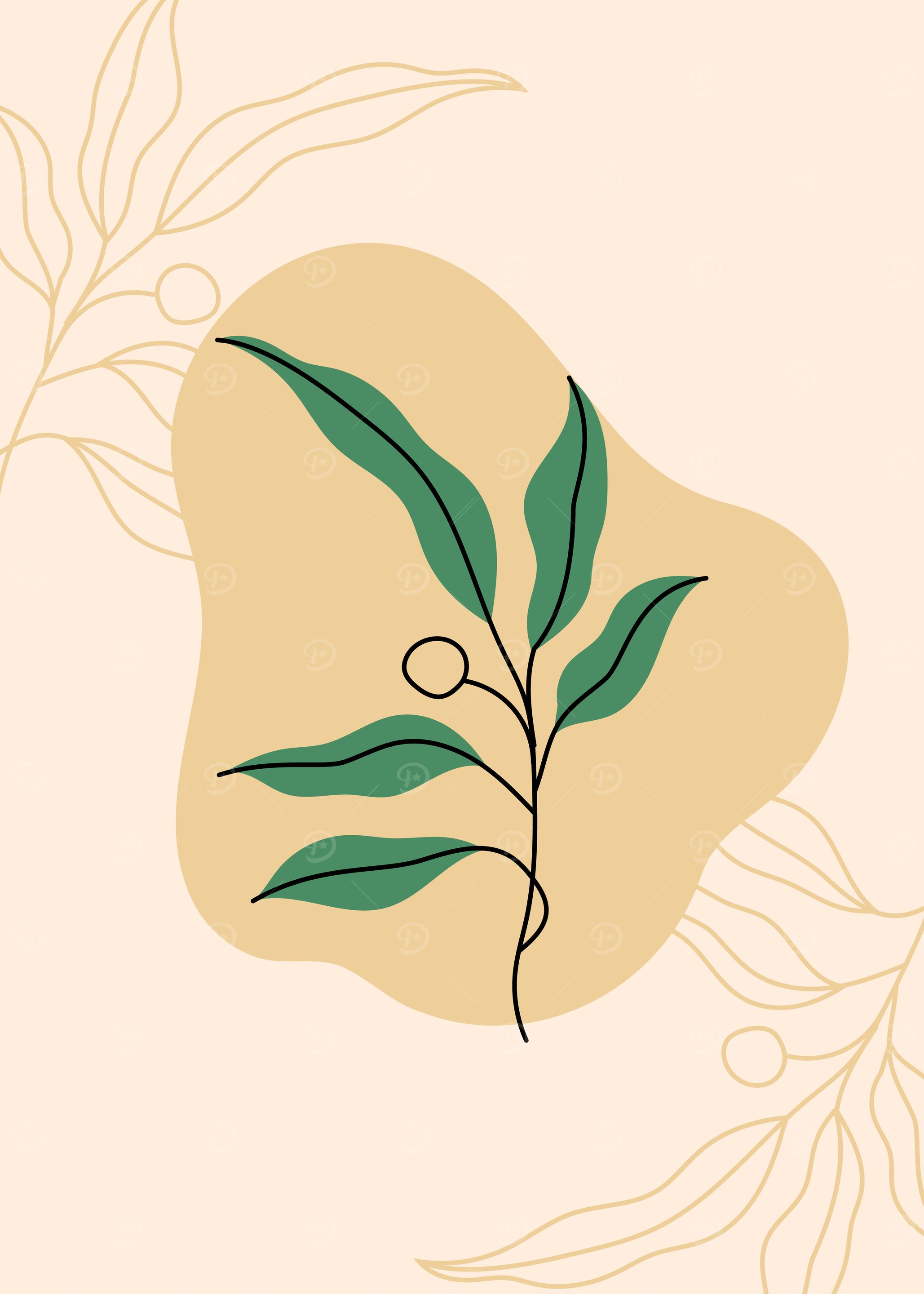 Minimalist Green Leaves and Beige Shapes