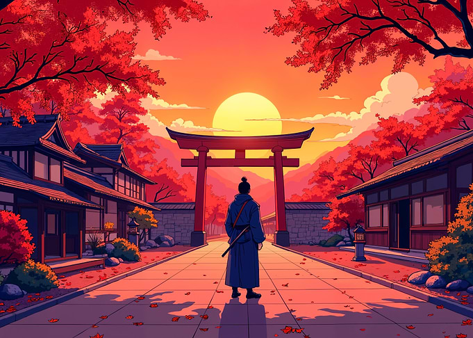 Samurai at Torii Gate Sunset