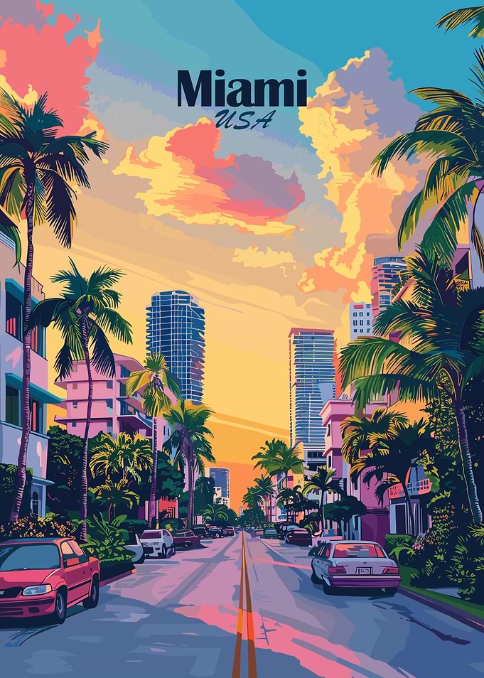 Miami USA Cityscape with Palm Trees