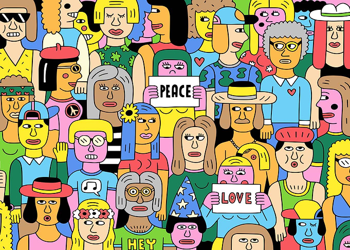 Diverse Crowd with Peace and Love