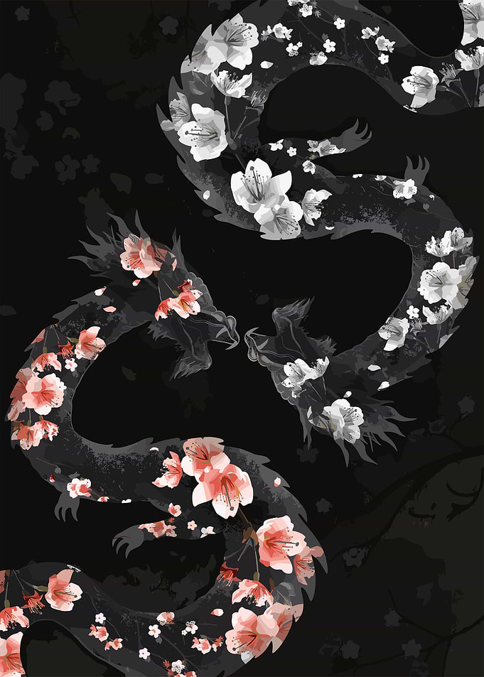 Floral Dragons on Black Background