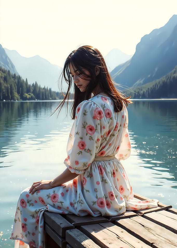 Woman in Floral Dress by Lake