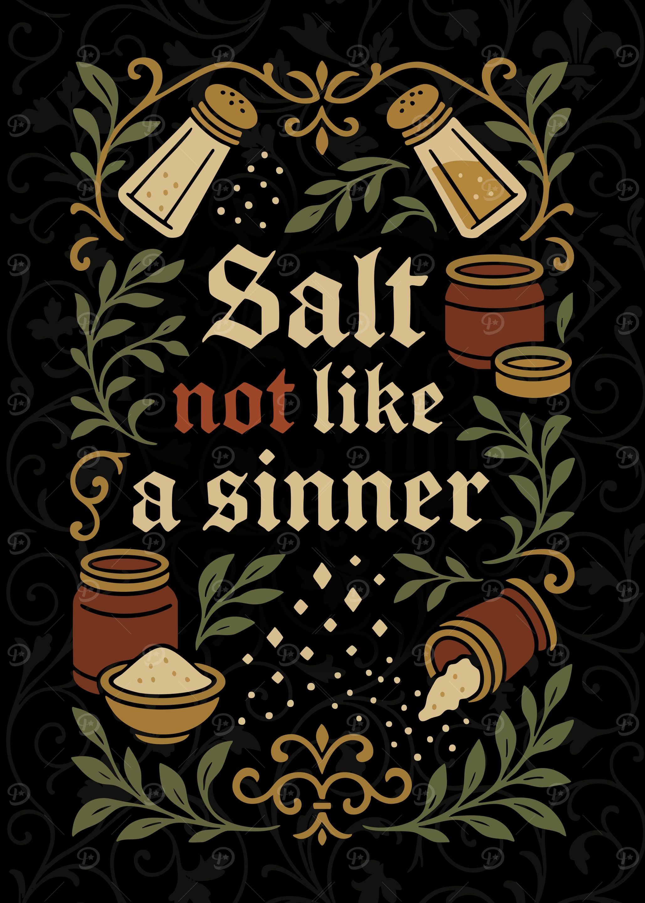 'Salt not like a sinner' Funny Medieval Kitchen Text Graphic Poster Art
