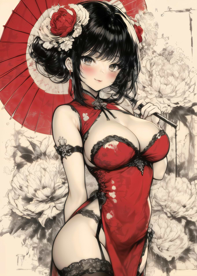 Sexy Anime Girl in Red Cheongsam Dress