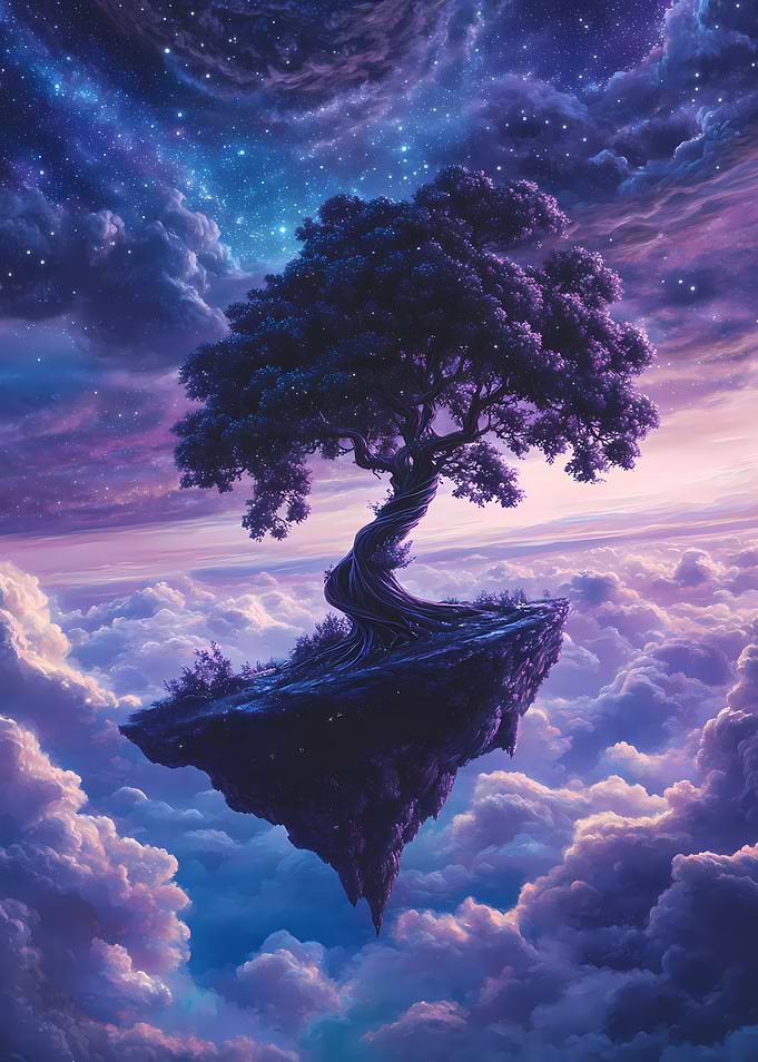 Floating Island Tree in Cloudy Sky