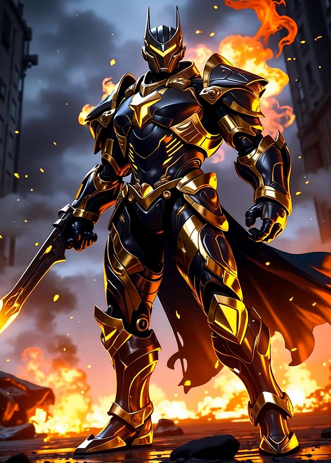 Armored Hero in Burning Cityscape