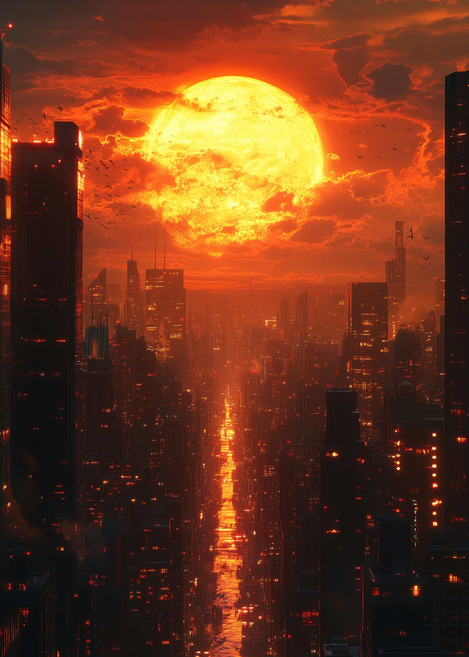 Cyberpunk Cityscape with Giant Sun