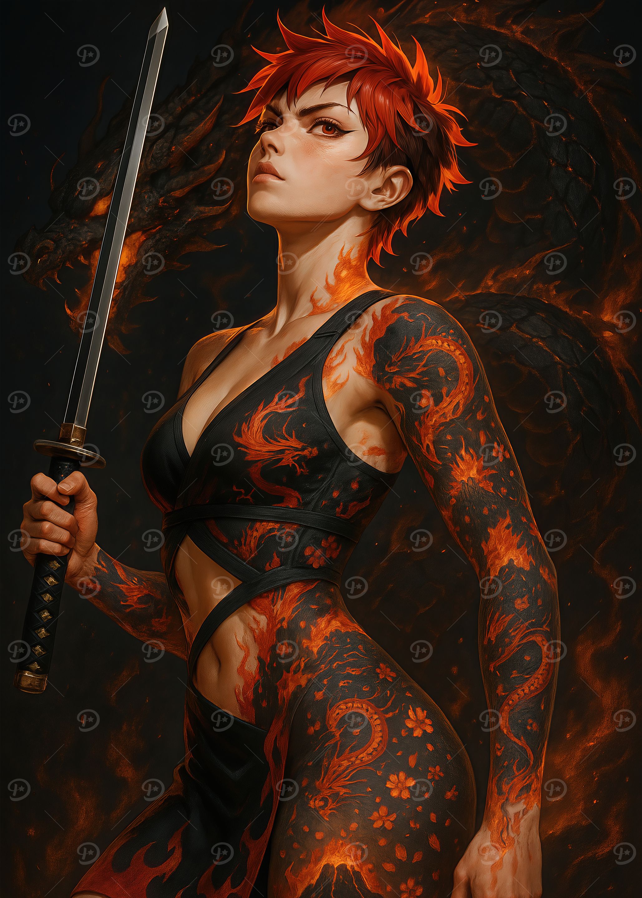 Crimson-Haired Flame Warrior with a Blazing Obsidian Dragon