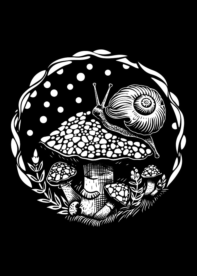 Snail on Mushroom Black and White