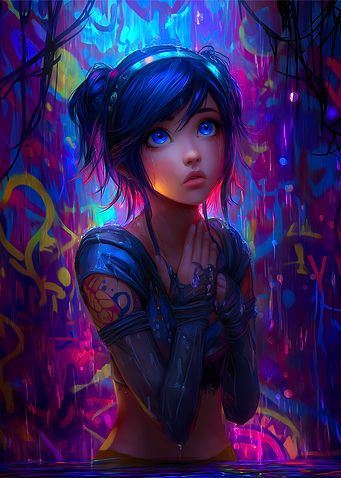 Anime Girl in Neon Graffiti Rain