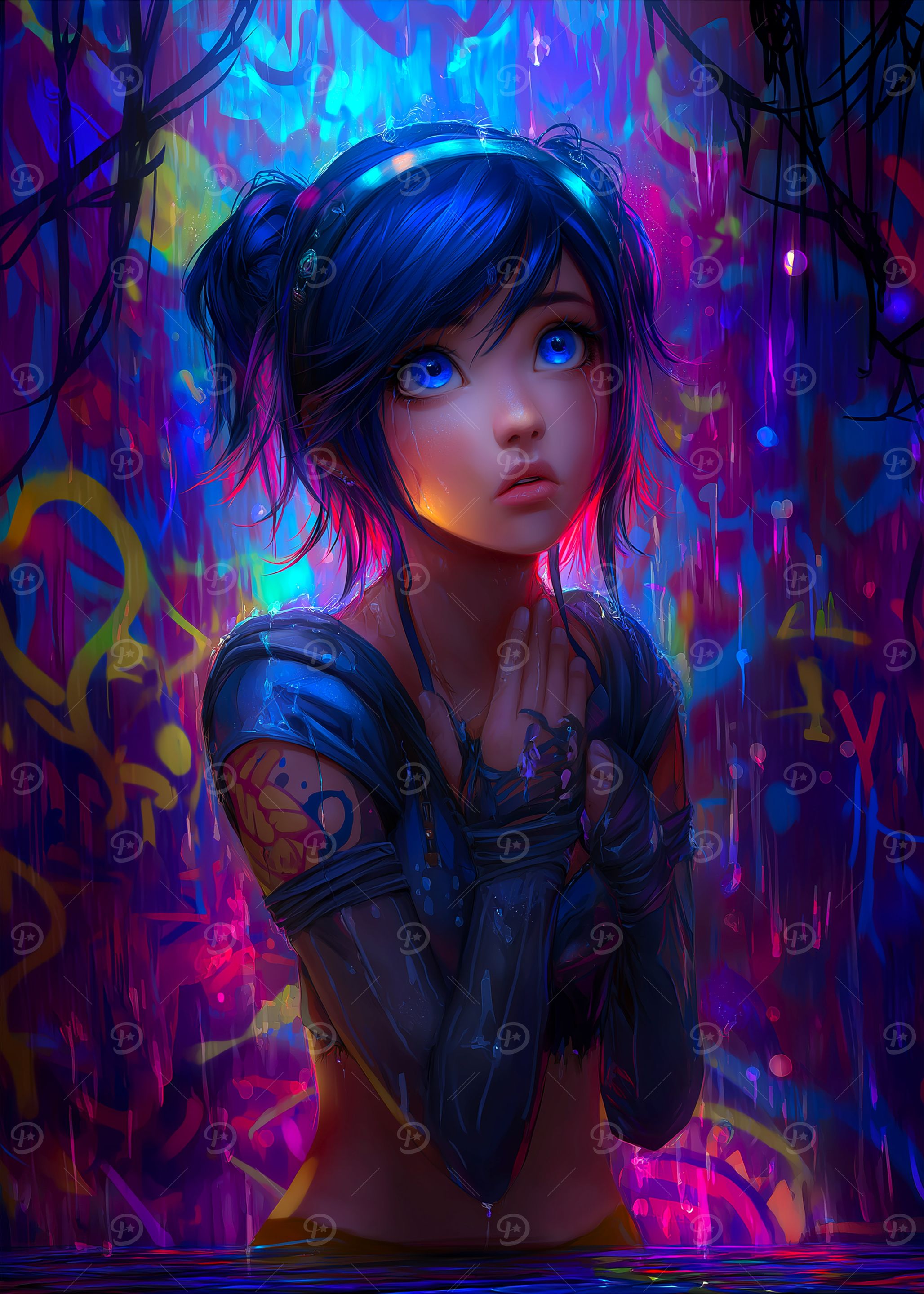 Anime Girl in Neon Graffiti Rain