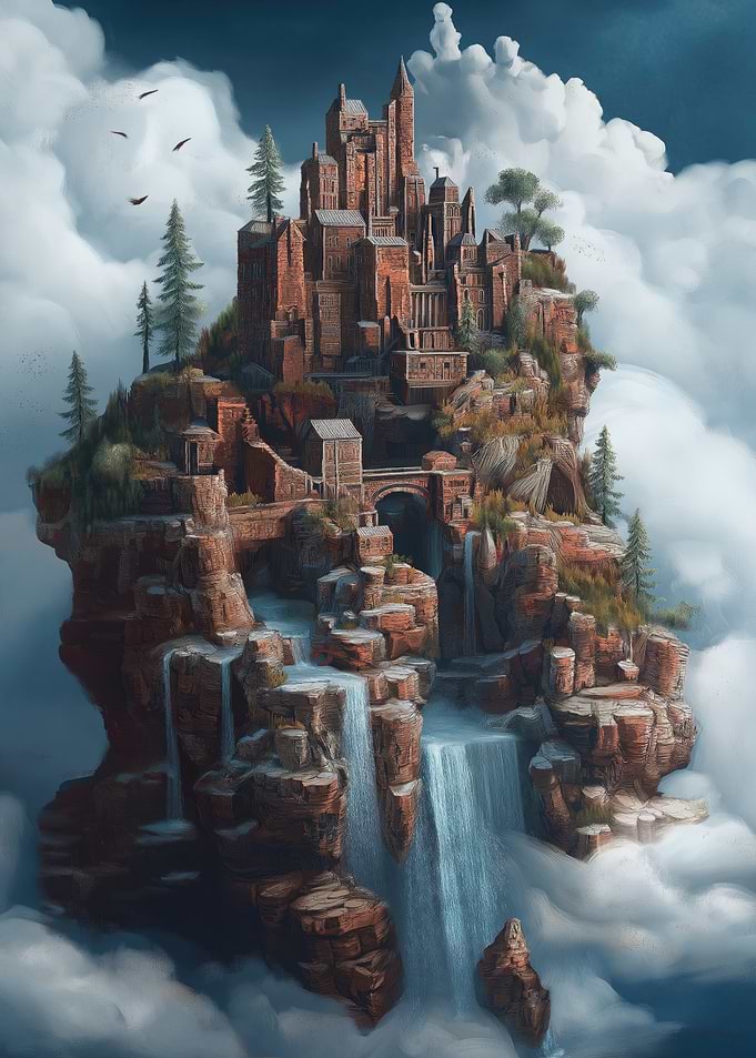Floating Island Castle with Waterfalls