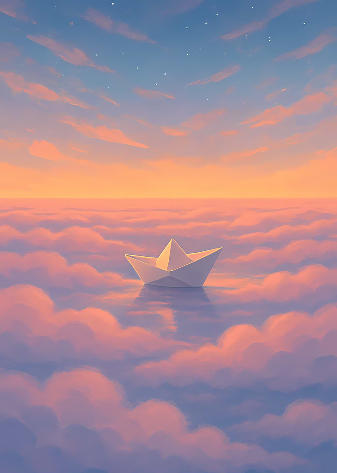 Paper Boat Floating Through a Dreamy Cloud Sea