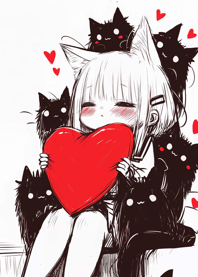 Cute Anime Neko Girl with Red Heart and Black Cats