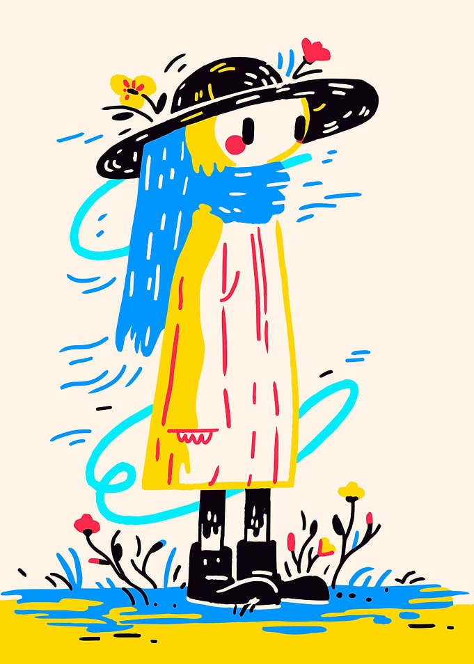 Stylized Figure with Hat and Flowers