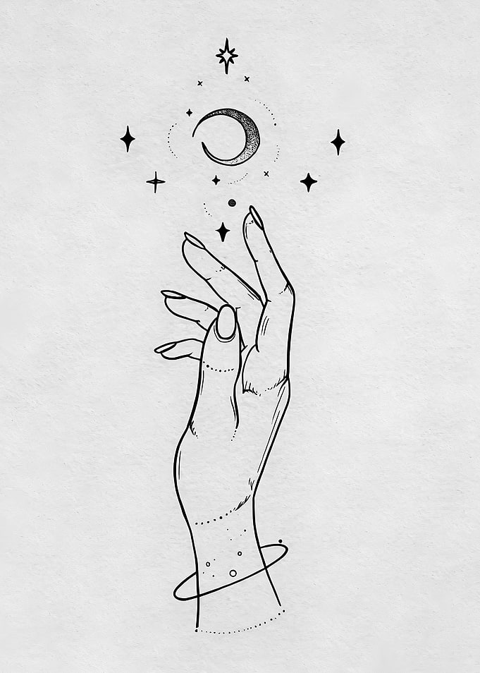Hand Reaching for Moon and Stars Minimalist Line Art