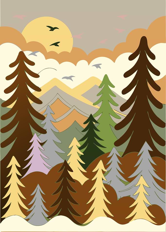 Stylized Forest Landscape with Birds