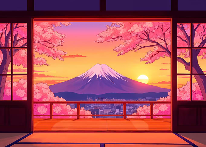 Mount Fuji Cherry Blossom Sunset View