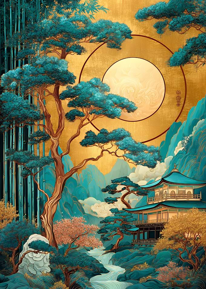 Japanese Landscape with Temple and Moon