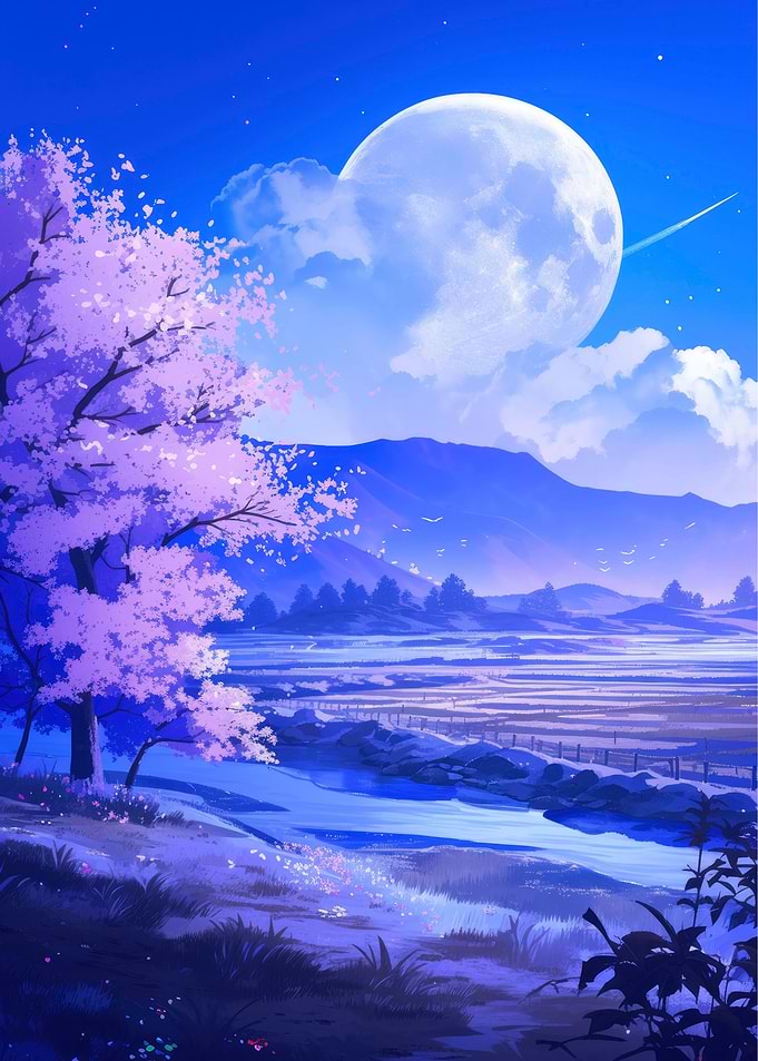 Blue Landscape with Cherry Blossom Tree