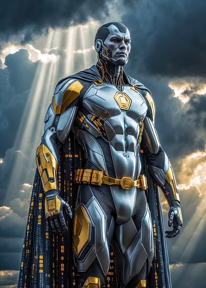 Futuristic Superhero with Cape and Armor