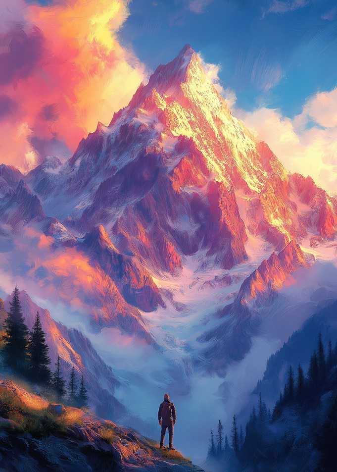 Mountain Peak at Sunset with Hiker