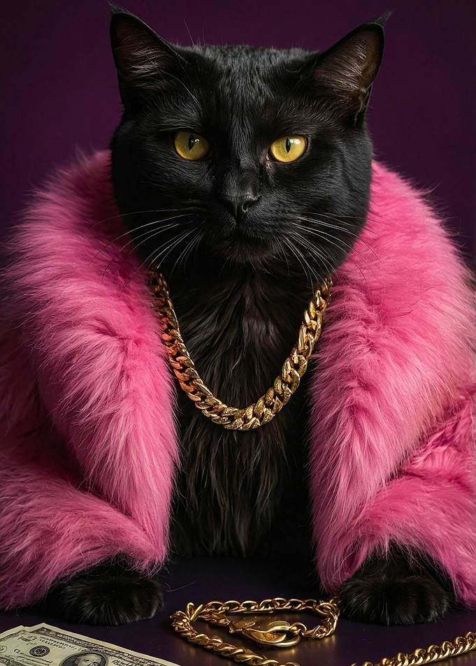 Black Cat with Pink Fur Coat