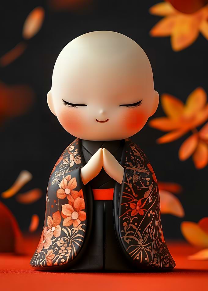 Cute Monk Figurine with Floral Kimono