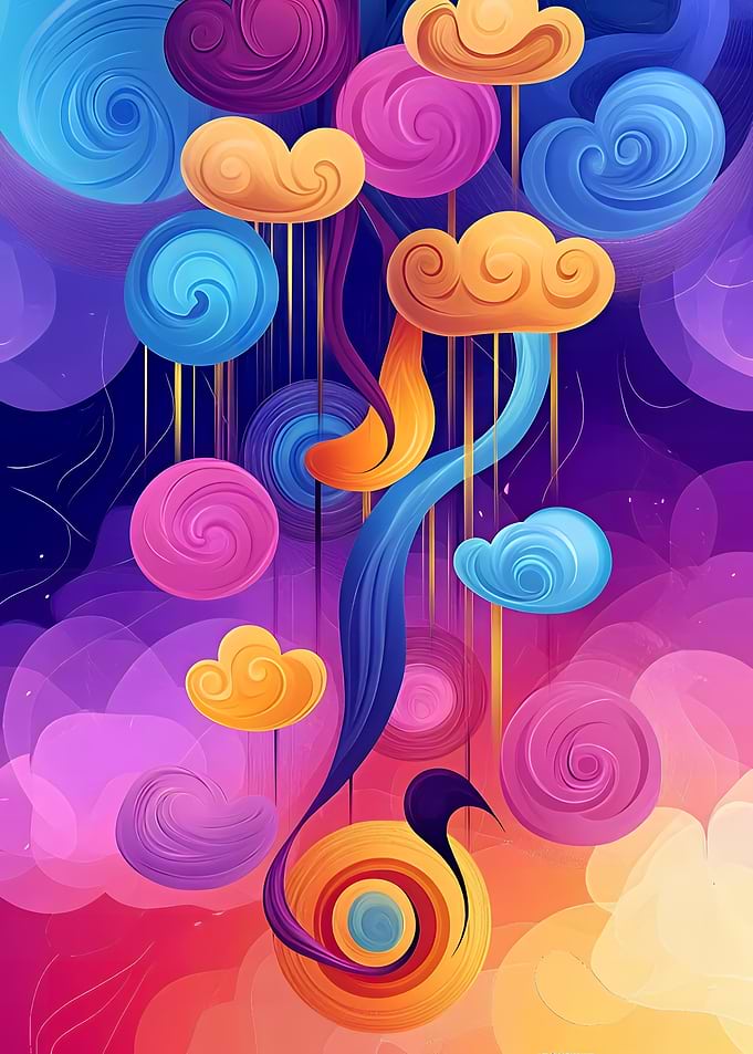 Colorful Abstract Cloudscape with Flowing Elements