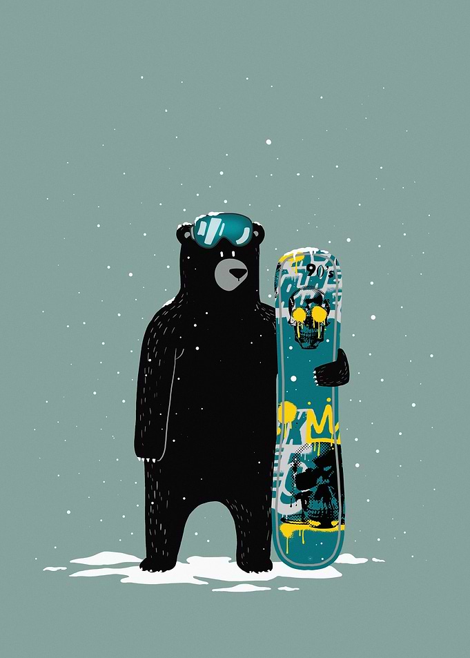 Bear with Snowboard in Winter Scene