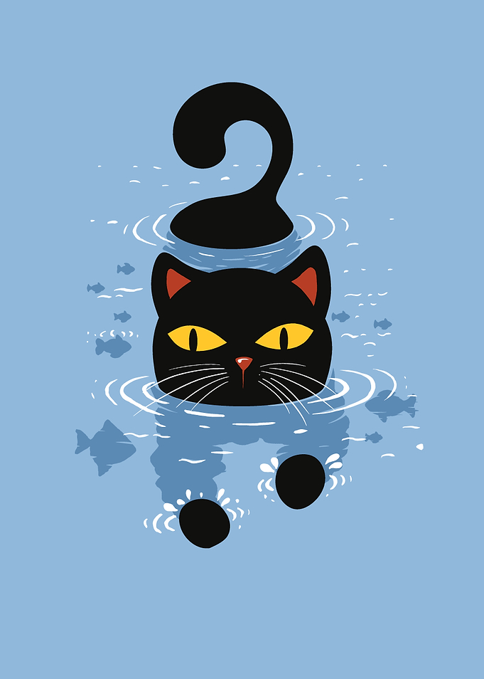 Paws in Water - Black Cat Swimming