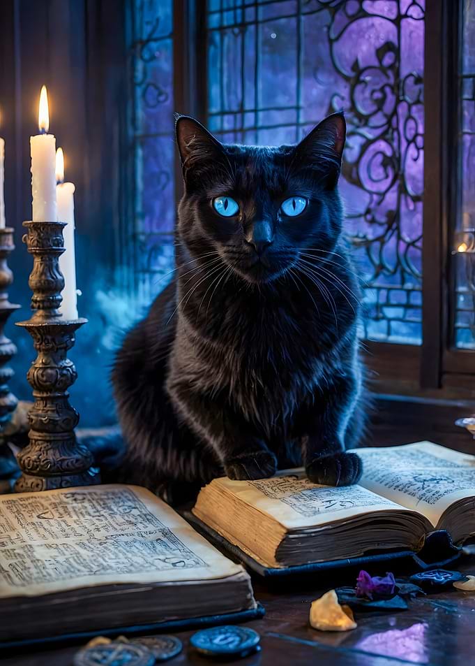 Black Cat with Spell Books