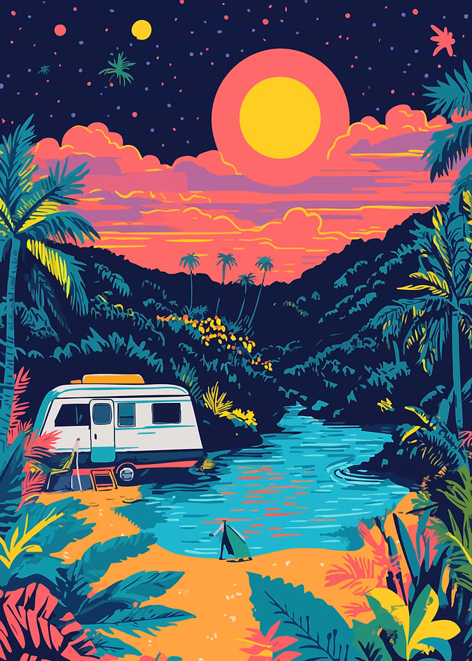 Tropical RV Getaway Retro Jungle Colors Minimalist Art Illustration