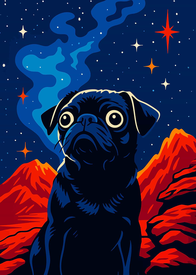 Cute Cosmic Pug in Space Martian Terrain Funny Minimalist Art Illustration