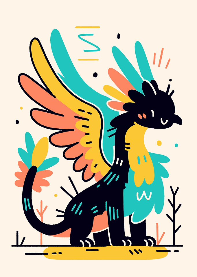 Stylized Dragon Illustration with Colorful Wings