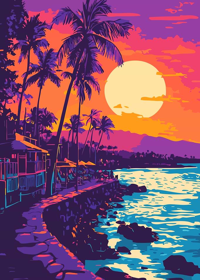 Retro Hawaii Coast Synthwave Sunset View Minimalist Abstract Art