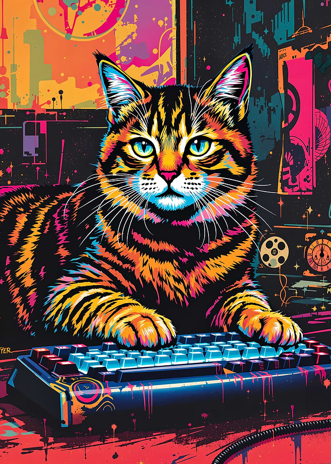 Retro Neon Hacker Cat – Feline Master of the Keyboard
