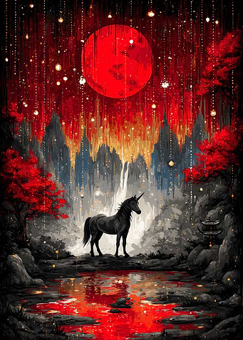 Unicorn under a red moon
