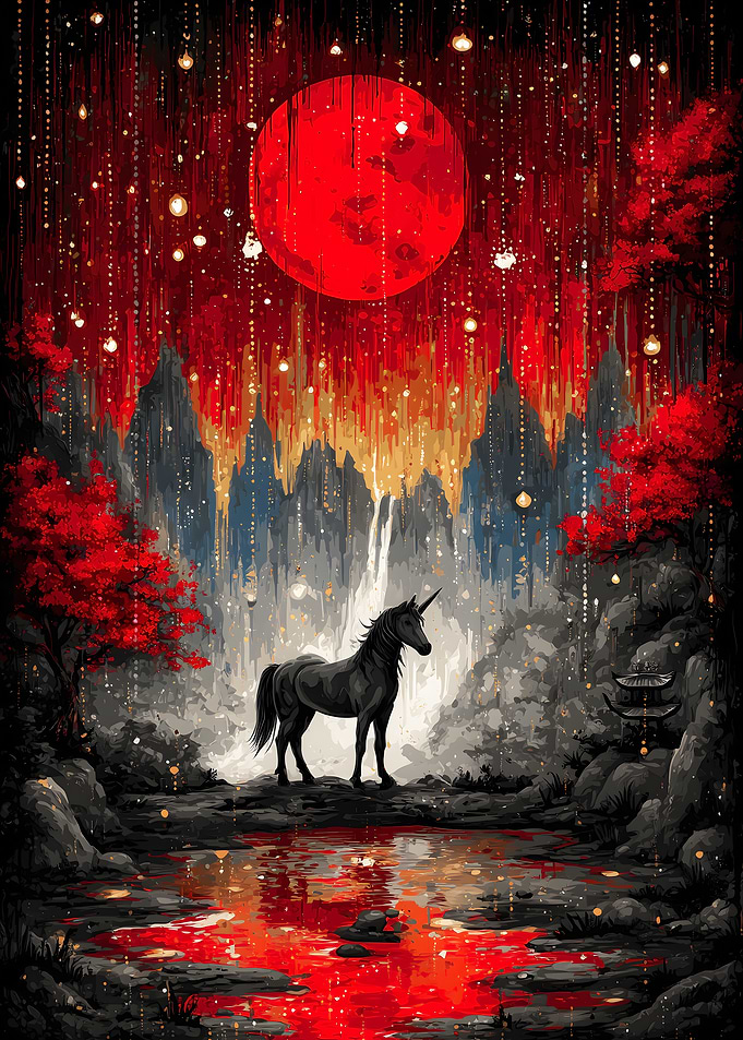 Unicorn under a red moon