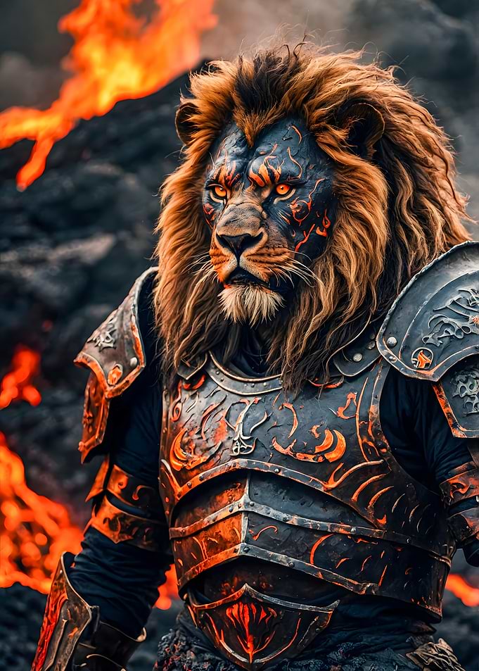 Armored Lion Warrior in Fiery Landscape