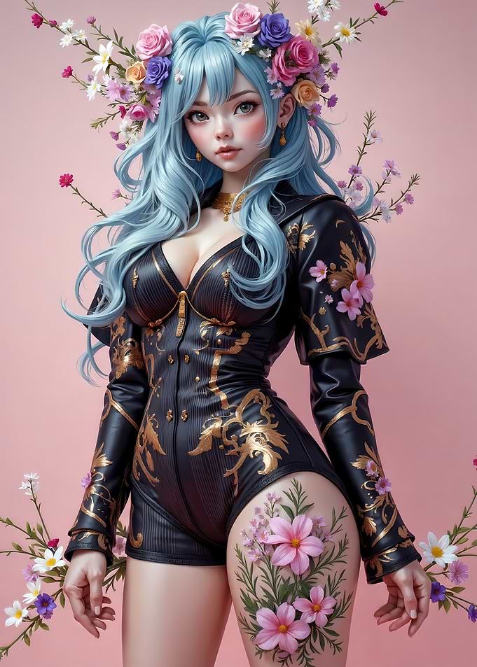Anime Girl with Flowers and Leather