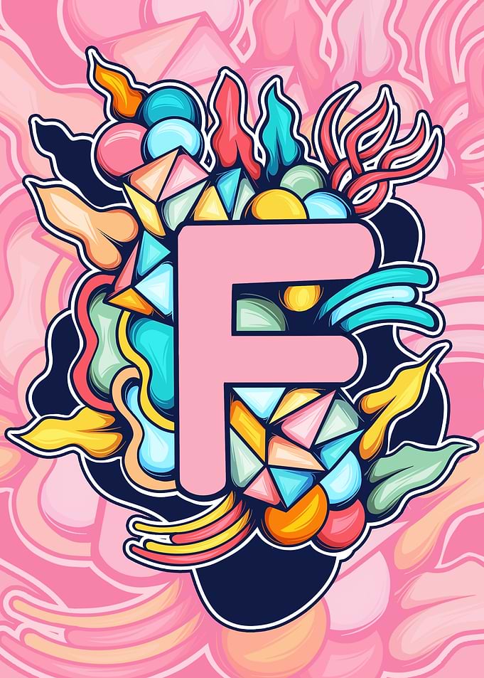 Letter F with Abstract Colorful Shapes