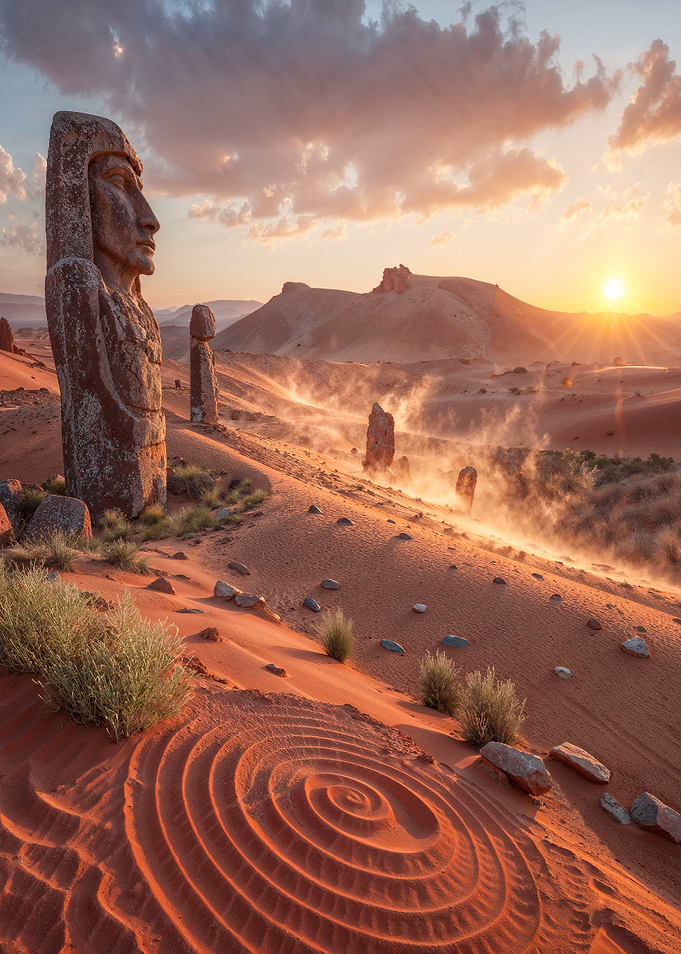 Moai Statues in Desert Landscape