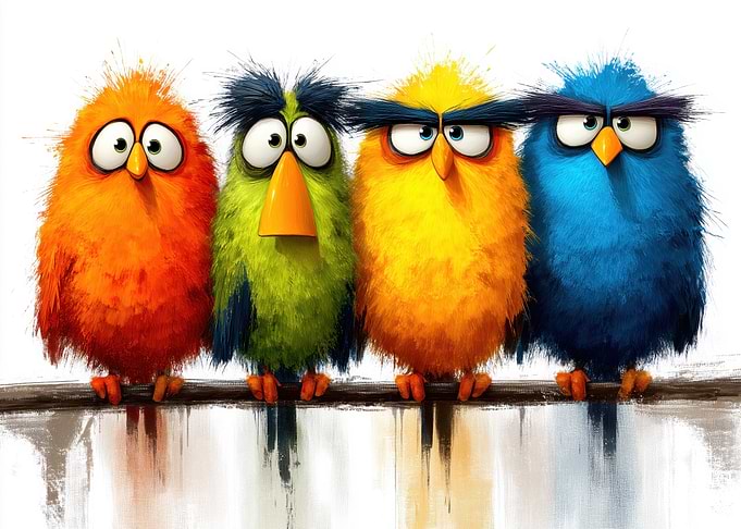 Colorful Cartoon Birds on a Branch